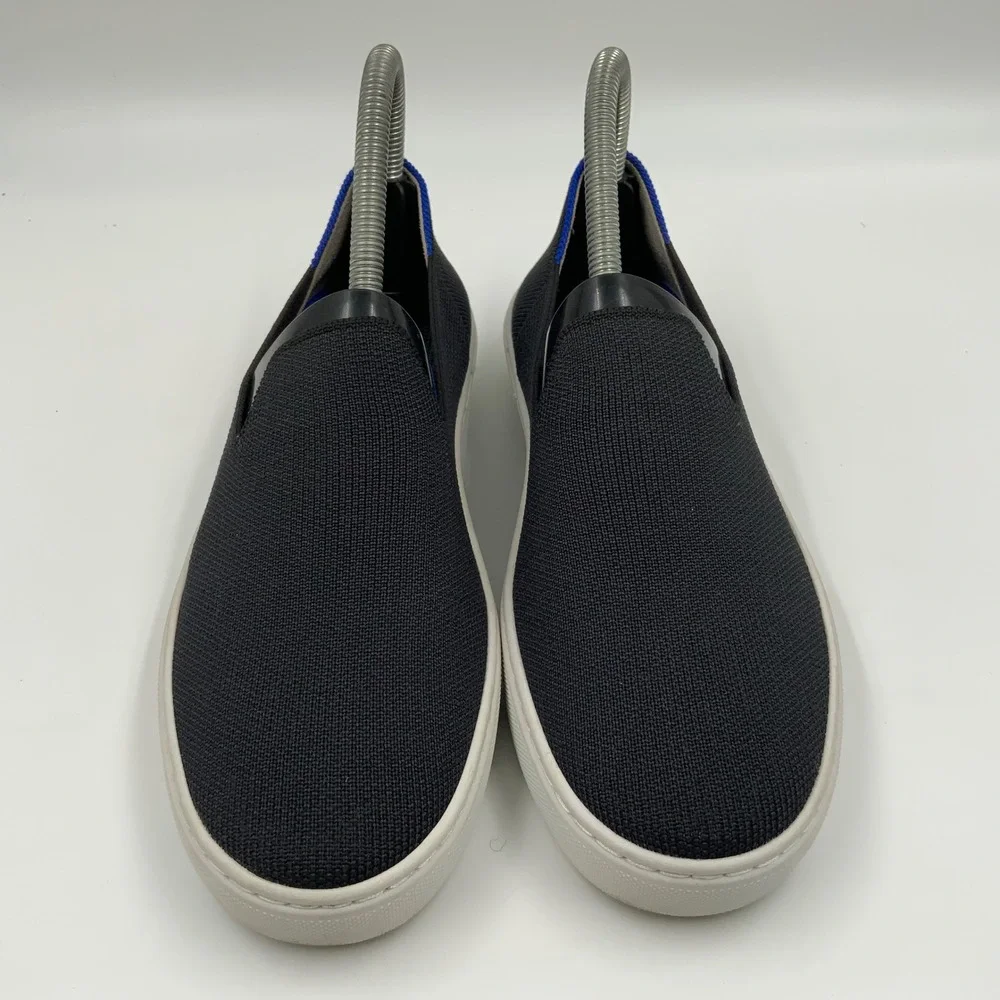 Rothys The Sneaker Black Knit Slip On Shoes Blue Stripe Women 7